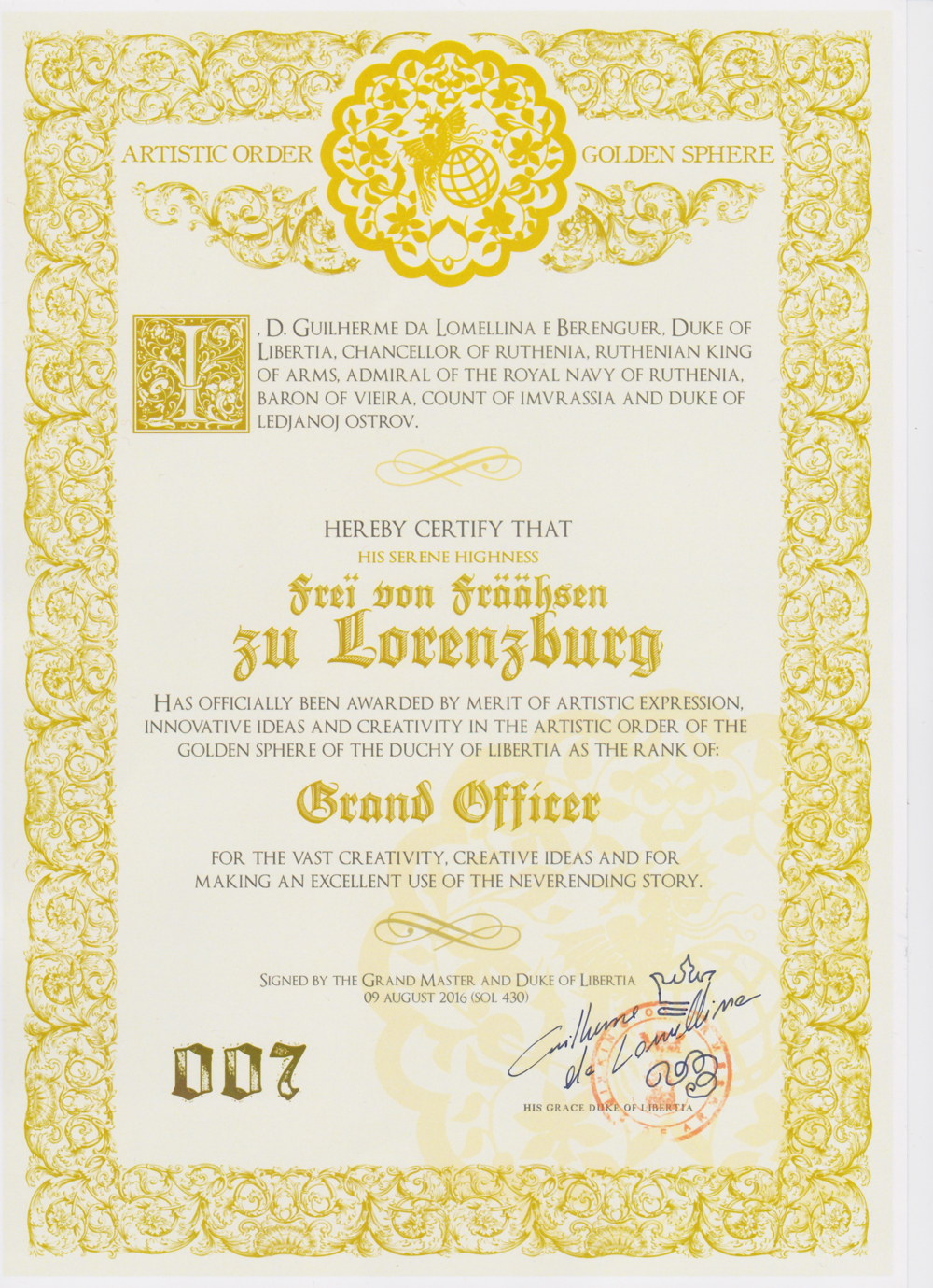 H.S.H. and Gentle Glory Prince Freï is awarded the Artistic Order of the Golden Sphere