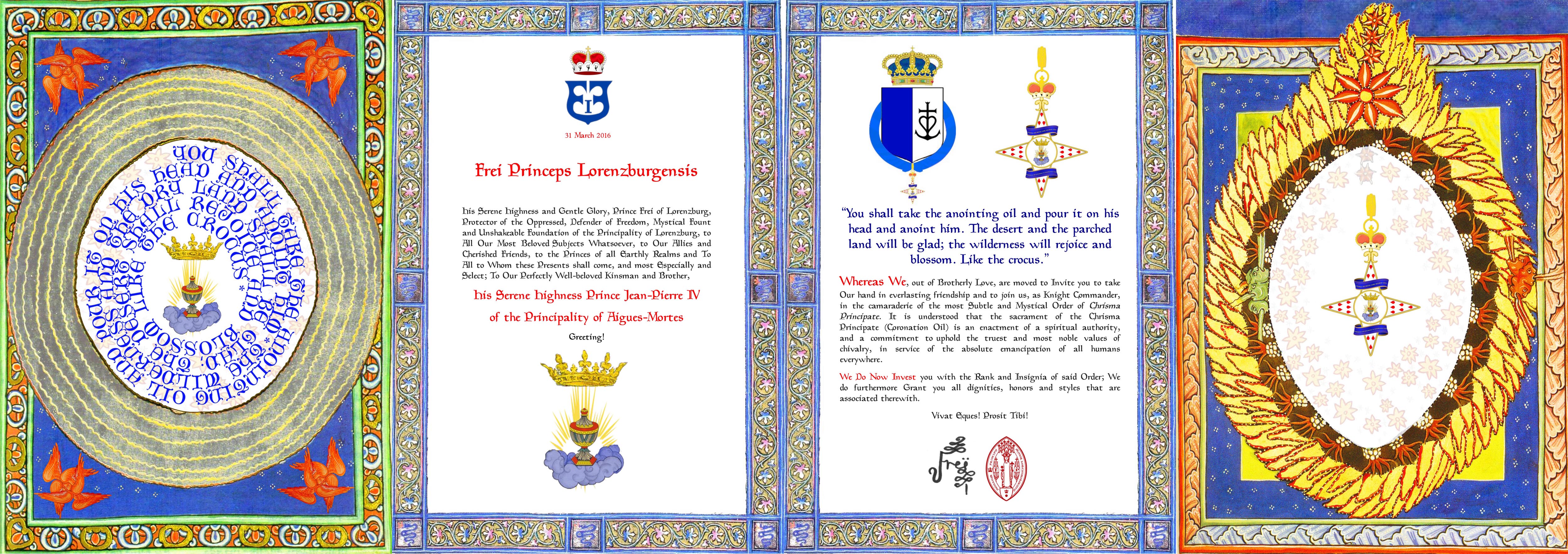 H.S.H. Prince Jean-Pierre IV of Aigues-Mortes is appointed Knight Commander of Ordo Chrisma Principate