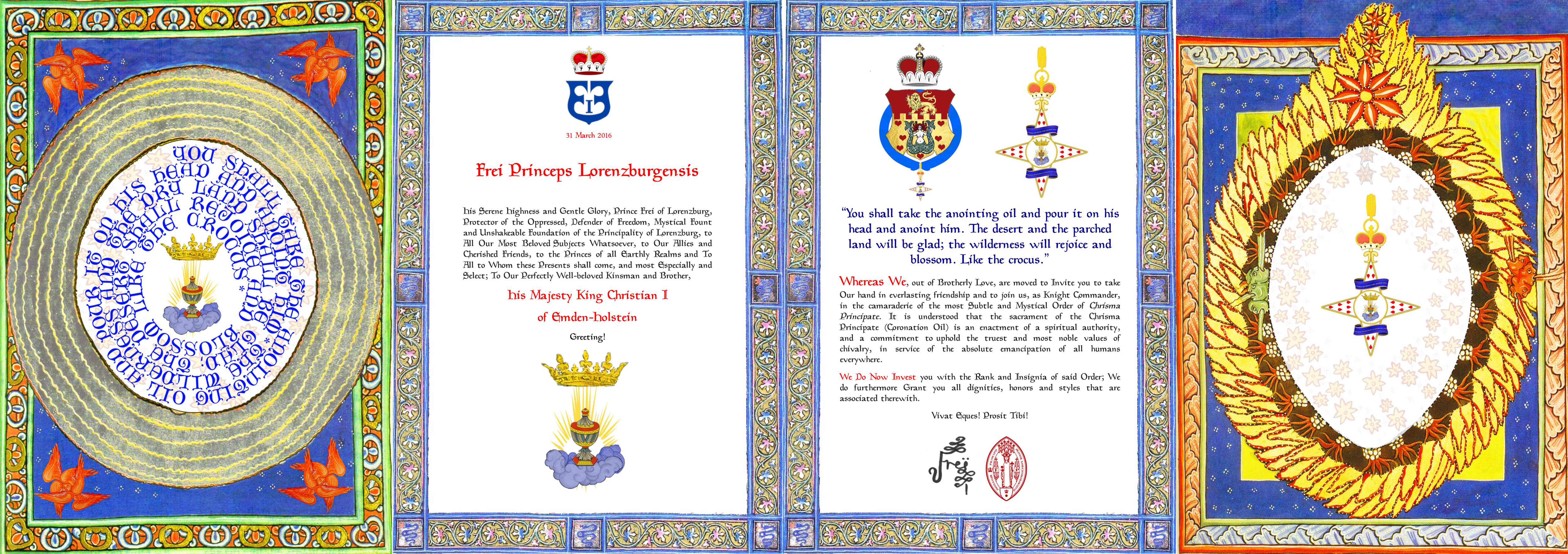 H.M. King Christian I of Emden-Holstein appointed Knight Commander of Ordo Chrisma Principate