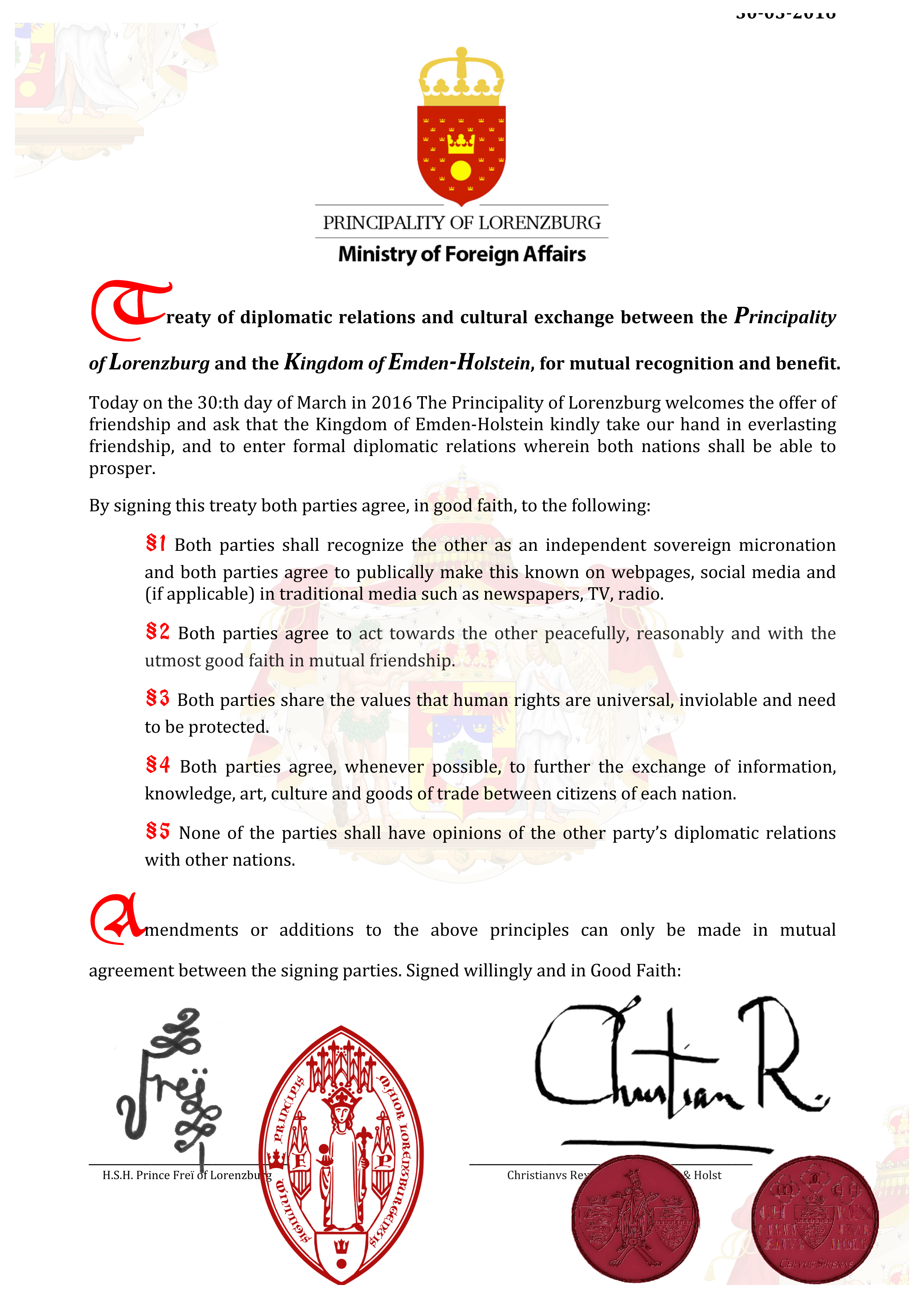 Lorenzburg and the Kingdom of Emden-Holstein establish diplomatic relations
