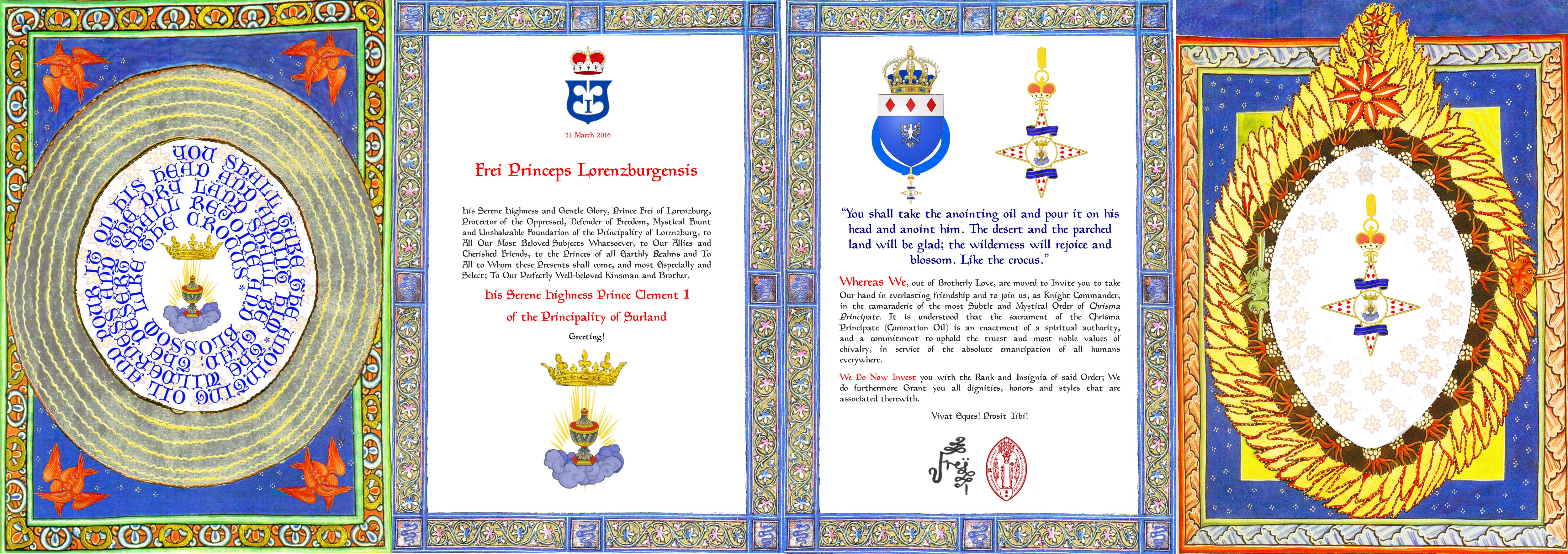 H.S.H. Prince Clément I of the Principality of Surland is appointed Knight Commander of Ordo Chrisma Principate