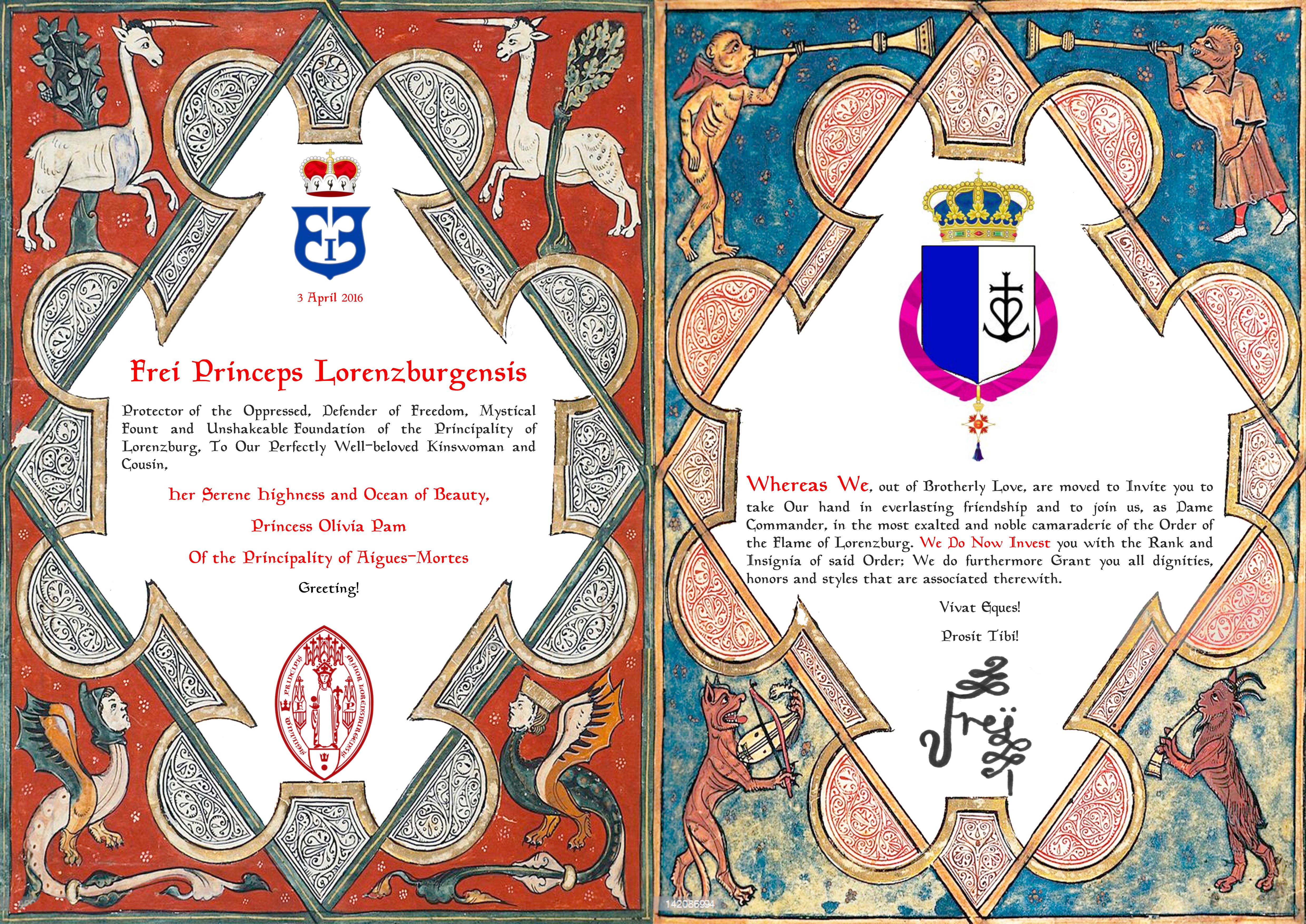 H.S.H. and Ocean of Beauty Princess Olivia Pam of the Principality of Aigues-Mortes is awarded two orders