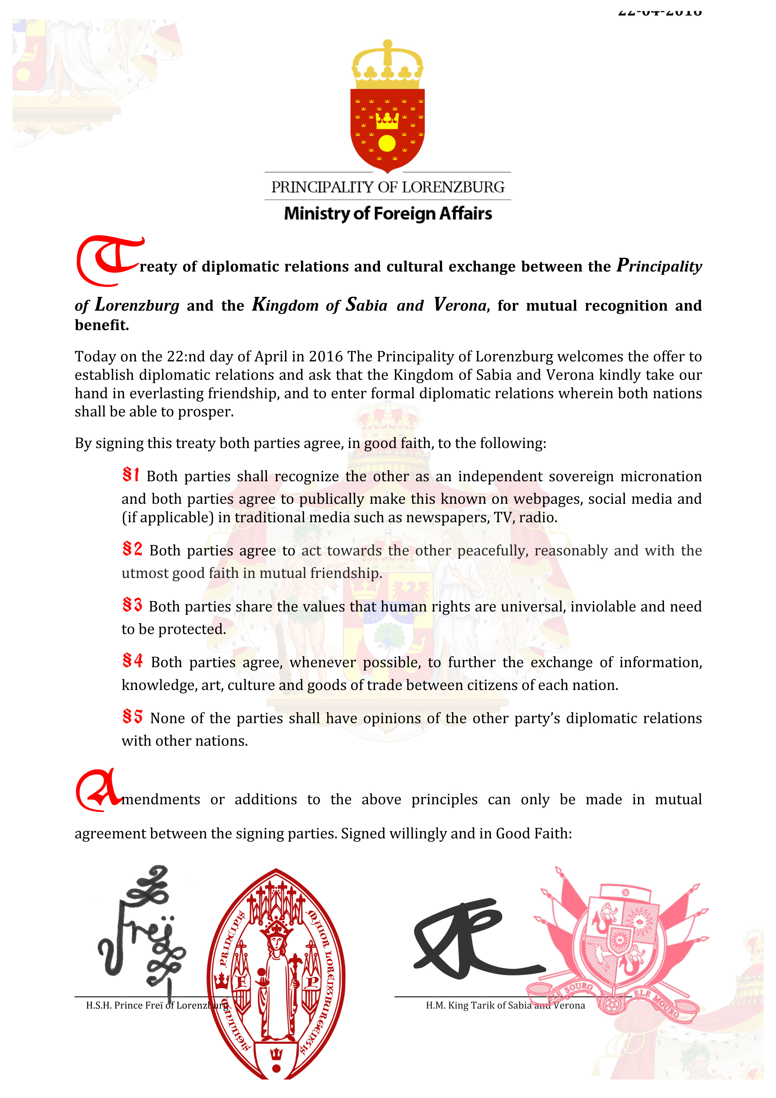 Lorenzburg and the Kingdom of Sabia and Verona establish diplomatic relations