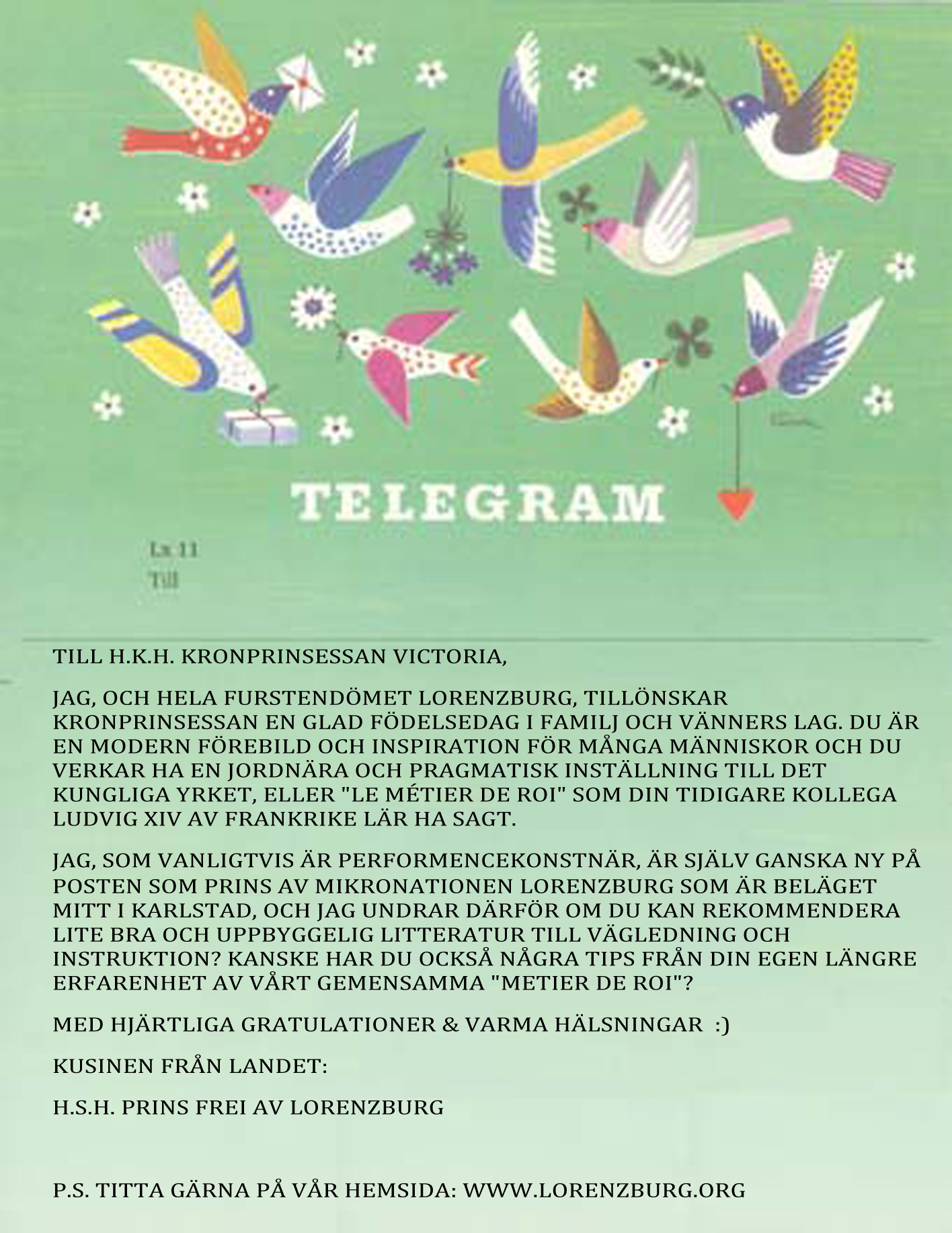 Födelsedagstelegram till H.K.H. Kronprinsessan Victoria
