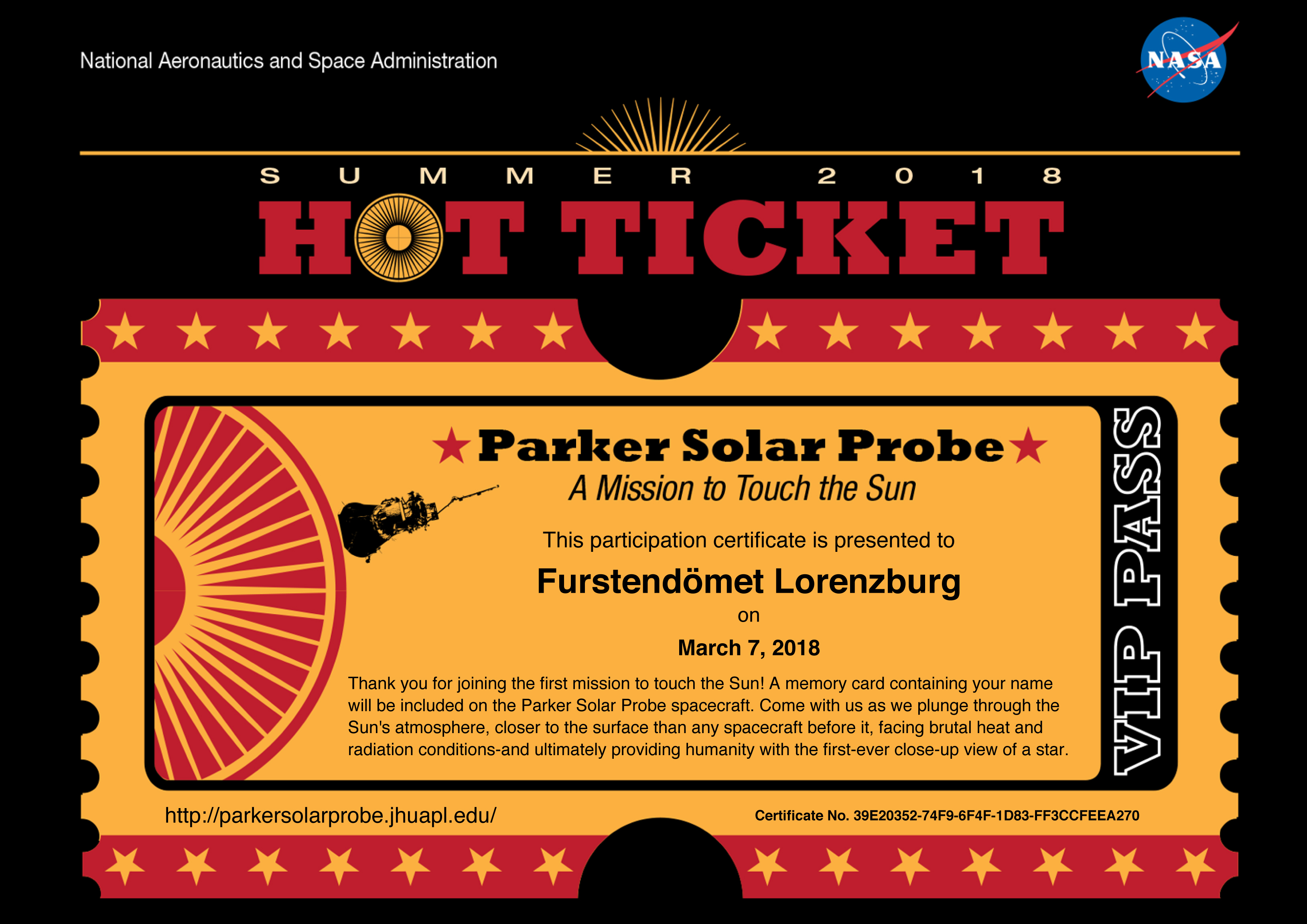 Furstendömet Lorenzburg åker till Solen med Nasas Parker Solar Probe!