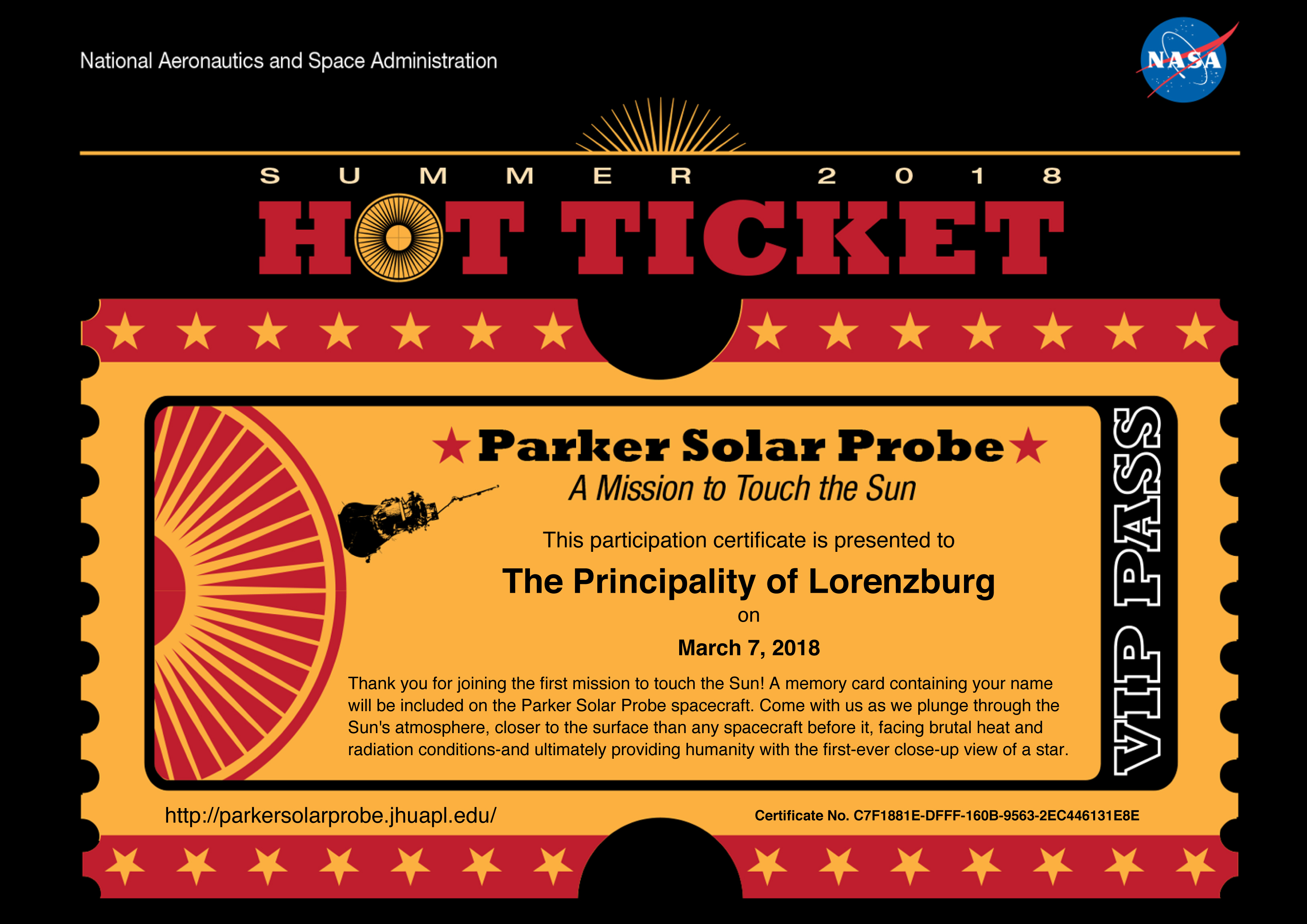 Lorenzburg travels to the Sun Aboard NASA’s Parker Solar Probe