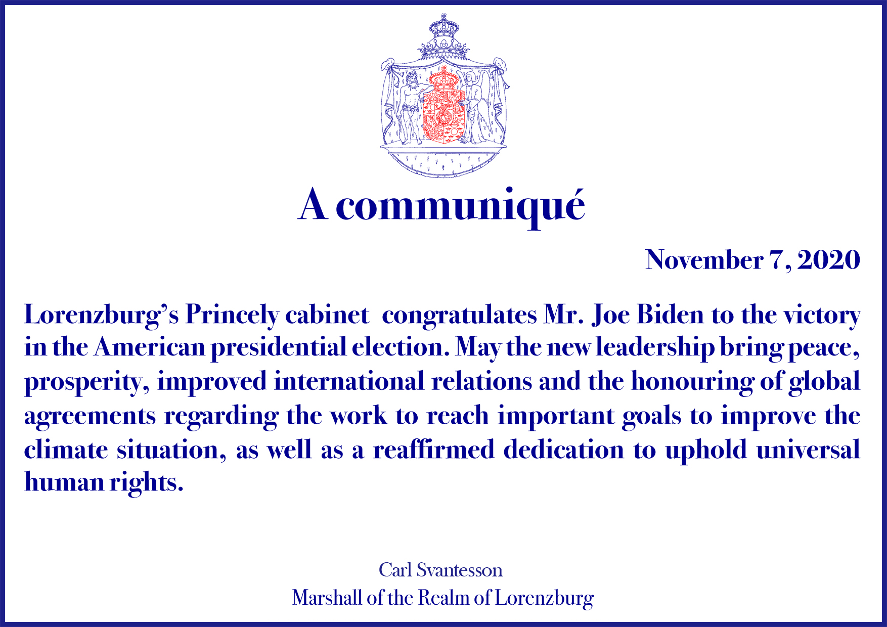 Lorenzburg congratulates Mr. Joe Biden to the victory in the American presidential election