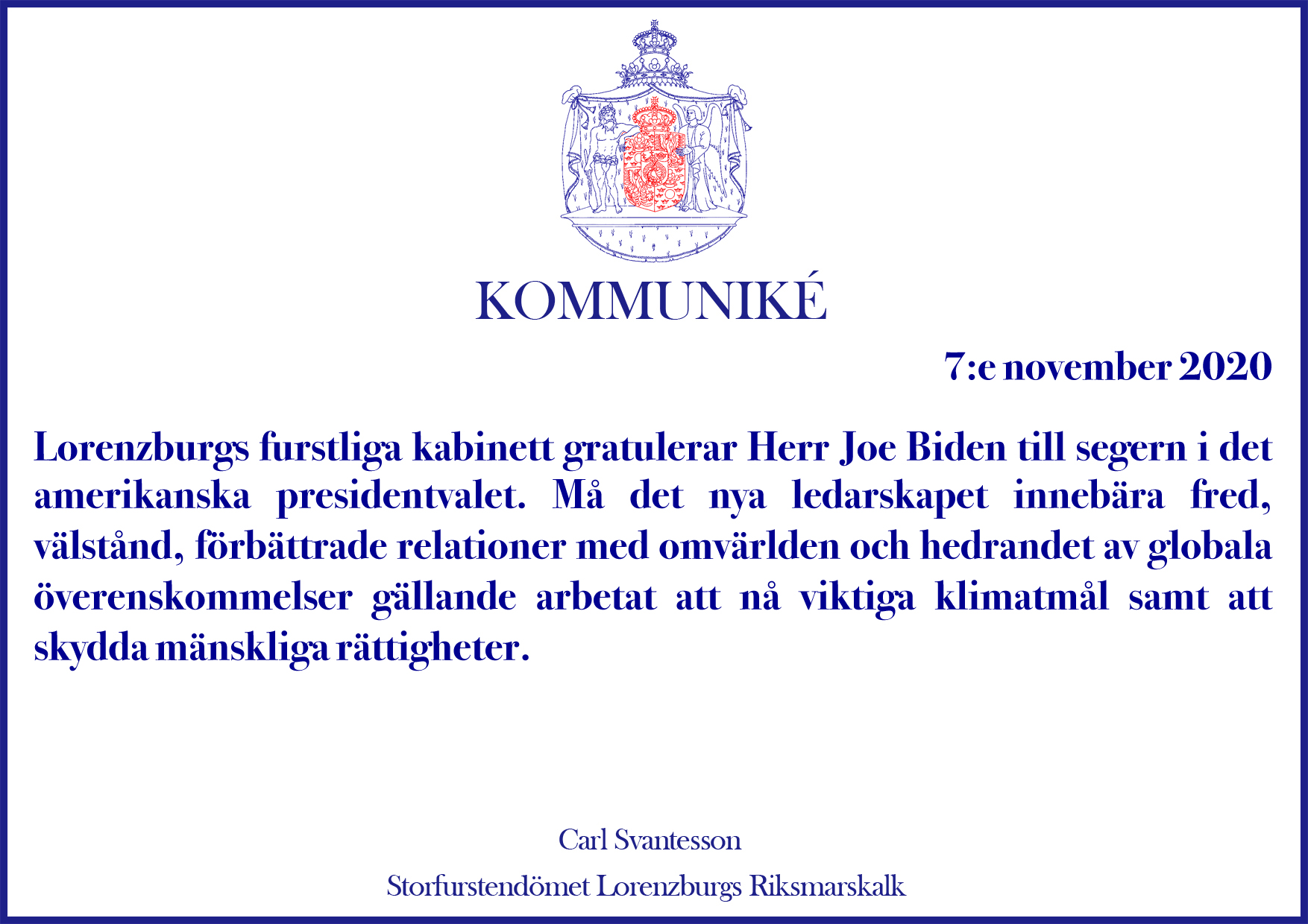 Lorenzburg gratulerar Herr Joe Biden till segern i det amerikanska presidentvalet