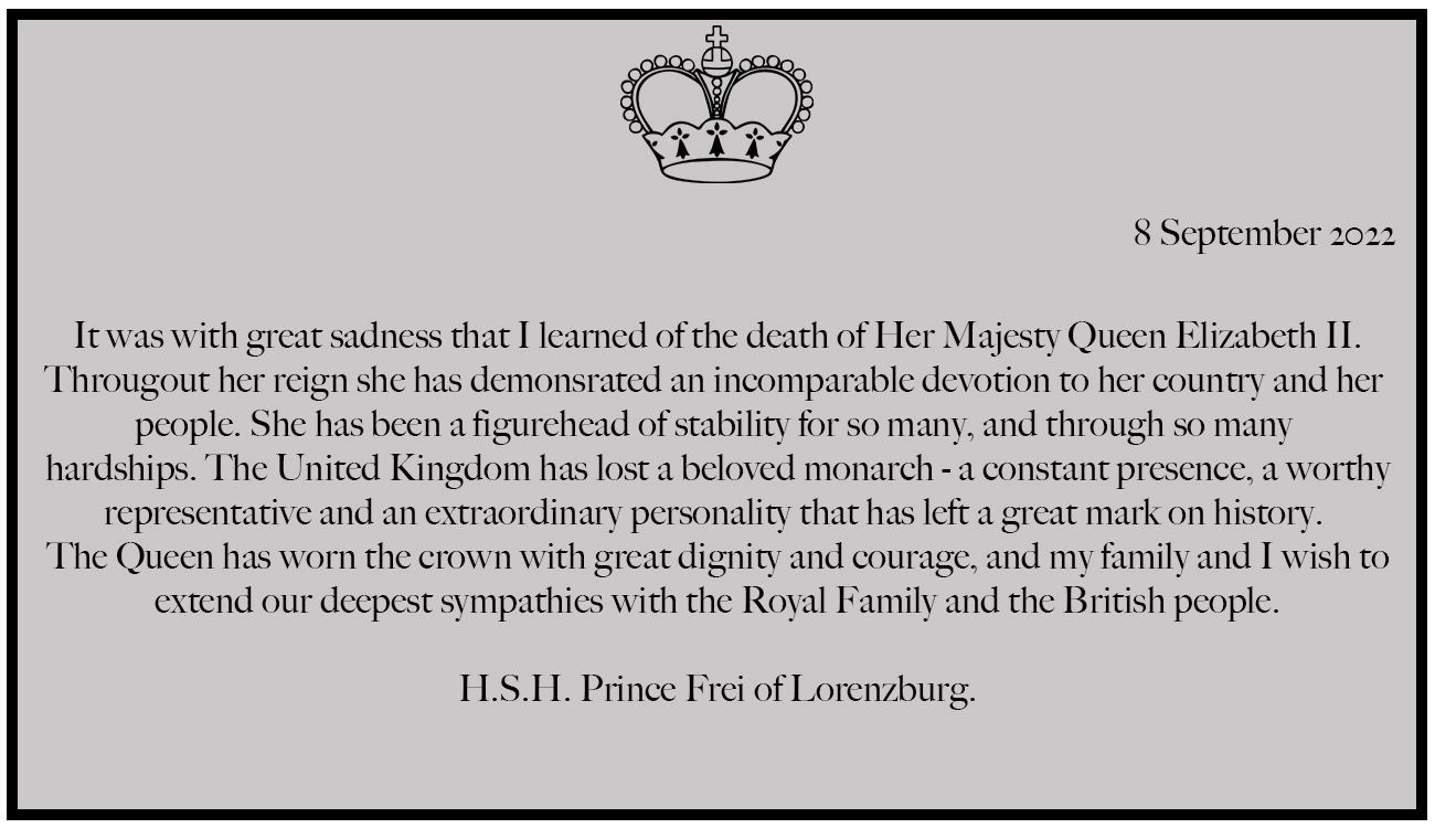Condolences following the death of Her Majesty The Queen of the United Kingdom of Great Britain and Northern Ireland.