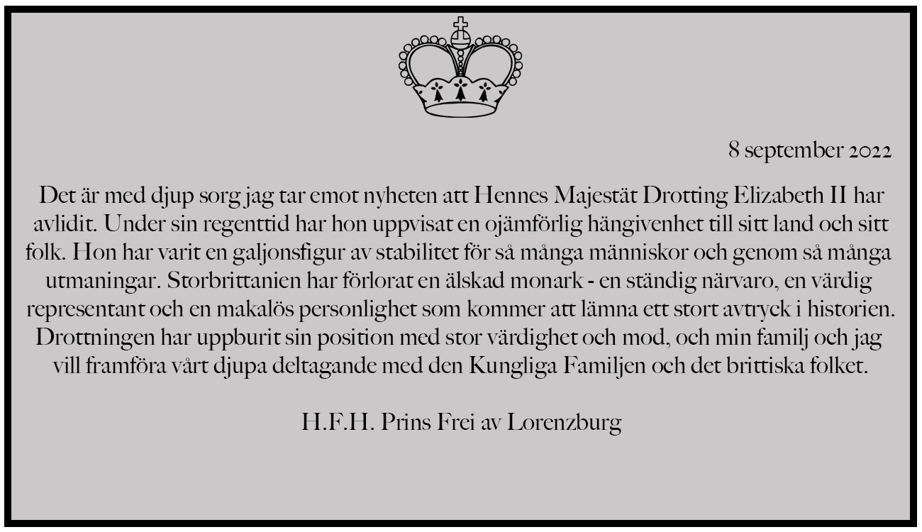 Kondoleanser med anledning av H.M. Drottningens av Förenade konungariket Storbritannien och Nordirland frånfälle.